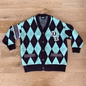 Dpercent D% - Argyle Knit V Neck Cardigan in Brown & Green